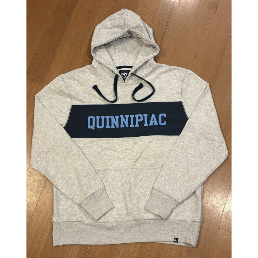 Quinnipiac University Hoodie Large Men's Color block Spell Out Gray Blue Black